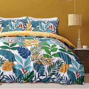 Sleepdown Tropische palmboom bloemen multi helderheden, oker omkeerbaar, zacht, gemakkelijk te onderhouden dekbedovertrek quilt beddengoed set met kussensloop - eenpersoons (135 cm x 200 cm)