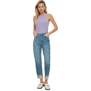 Trendyol Blue Road Torn Detailed High Waist Straight Jeans Dames, Blauw, 42