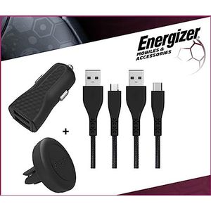 ENERGIZER - Compleet pakket - 2,4 A levenslange autolader + USB-C kabel + Micro-USB-kabel - Universele magnetische houder voor mobiele telefoon