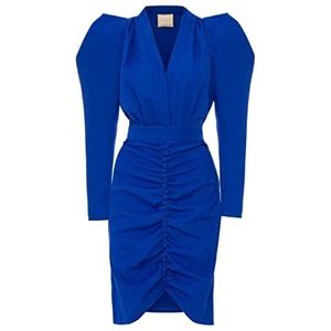 Swing Fashion Elegante damesjurk, feestjurk, cocktailjurk, avondjurk, zakelijke jurk, feestelijke jurk, potloodjurk, bodycon, V-hals, knielang, lange mouwen, blauw, S (36), blauw, S