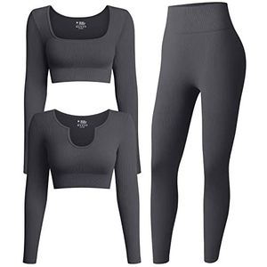 OQQ Dames 3-delige outfits geribbelde oefening lange mouwen crop tops workout hoge taille legging yoga set, Grijs, S