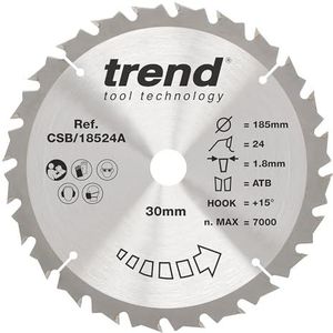 Trend Wood CSB/18524 Accu-cirkelzaagblad, diameter 185 mm, 20 mm boring, 24 tanden, 1,8 mm snijvoeg, +15° haak, TCT, gemiddeld oppervlak, CSB/18524