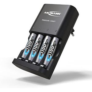 ANSMANN batterijlader ""Powerline 4 Smart"" voor 1-4 AA en AAA oplaadbare batterijen incl. 4x Ansmann NiMH AAA 1100 oplaadbare batterijen - batterijlader voor NiCd en NiMH