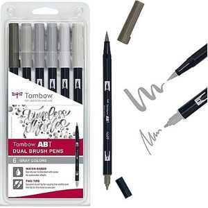 Tombow ABT Dual Brush Pen, Grey Colors, pen met twee punten, perfect voor handlettering en Bullet Journal, waterverfbaar, ABT-6P-6, set van 6, 1 stuks