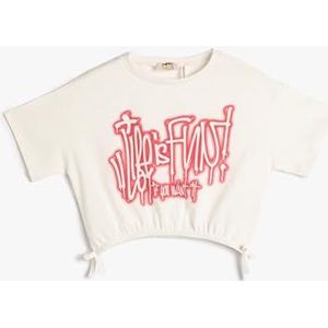 Koton Girls's Crop Graffiti bedrukte elastische band op de zoom korte mouw katoenen T-shirt, ecru (010), 4-5 Jaar