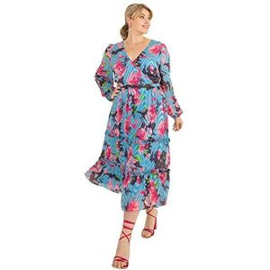 Lovedrobe Dames Plus Size dames lange mouw maxi-jurk abstracte print bisschop rug gat v-hals faux wrap stropdas riem, Blauw, 52