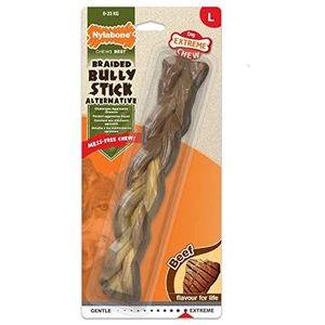 Nylabone 985066EU hondenbot voor tandverzorging voor energisch kauwende honden, ossenkiemer kauwspeelgoed met vlechtpatroon, rundvleessmaak, groot, voor honden tot 23 kg