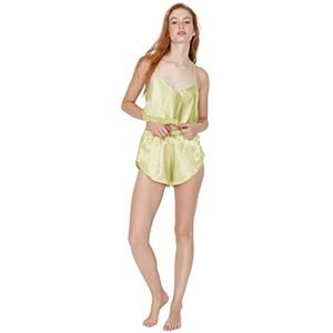 Trendyol Dames effen kantwerk/net/netto gedetailleerde dunne geweven hemdje pyjama set, geel, 38, Geel, 64