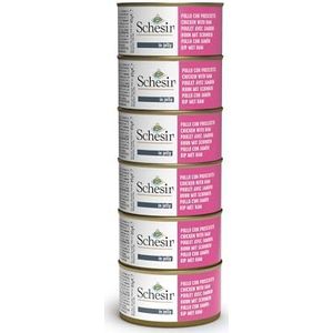 Schesir, Natvoer voor volwassen katten, kip en ham, filets en gelatine, 100% natuurlijk, 6 blikjes x 85 g