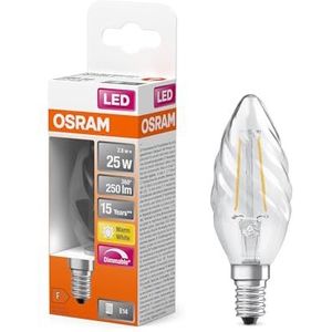 OSRAM LED Superstar Classic lamp met gloeidraad in klassieke gedraaide minikaarsvorm, helder loodvrij glas, 2,8 W, 250 lm, warm wit licht (2700 K), E 14 fitting, 35 mm DM, 6-pack