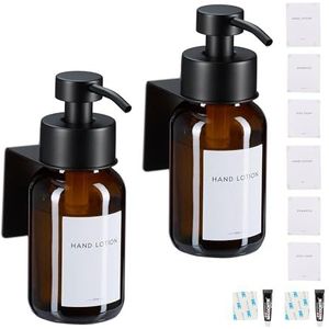 Relaxdays zeepdispenser wandmontage, set van 2, 250 ml, bruin glas, rvs, hangende zeeppomp, zonder boren, bruin-zwart