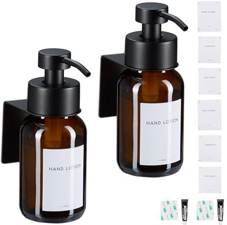 Relaxdays zeepdispenser wandmontage, set van 2, 250 ml, bruin glas, rvs, hangende zeeppomp, zonder boren, bruin-zwart