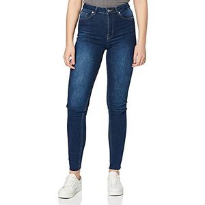 NA-KD Vrouwen Skinny Hoge Taille Ruwe Zoom Jeans Lang, Donkerblauw, 36 NL