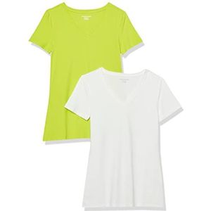 Amazon Essentials Women's T-shirt met korte mouwen en V-hals in klassieke pasvorm, Pack of 2, Limoengroen/Wit, S