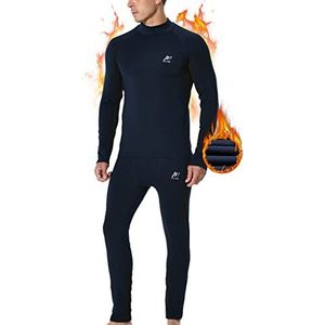 MeetHoo Thermo-ondergoed voor heren, met fleece gevoerde basislaag met hoge hals, compressie, lange onderbroek voor winter, hardlopen, skiën, Blauw, L