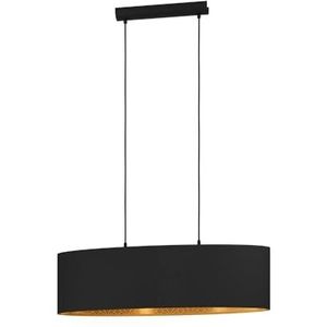 EGLO Hanglamp Zaragoza, pendellamp boven eettafel, textiel lamp hangend voor woonkamer en eetkamer, eettafellamp met stoffen lampenkap in zwart en goud met decor, E27 fitting, 78 cm