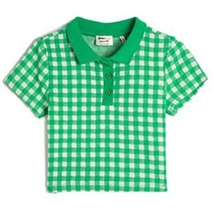 Koton Girls's Polo Crop Short Sleeve Button Detail Slim Fit Cut T-shirt, Green Check (7c9), 6-7 Jaar