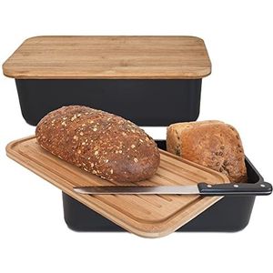 Gadgy Broodtrommel met Snijplank | Brooddoos met Massief Bamboe Deksel | Zwarte Bamboevezels | BPA-vrij | Met Antislipvoetjes | 36 x 19.5 x 11.5 cm