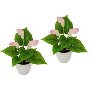 Flair Flower Mini pot, set van 2, roze, kunstbloemen, Calla, kunstplant, polyester, kunststof, licht, 20 cm hoog, 16 cm breed