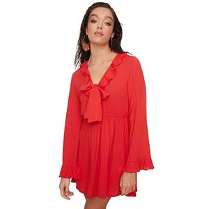 Trendyol Dames Frill gedetailleerde viscose strandjurk jurk, rood, 34