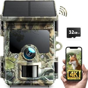 WOLFANG Solar Wildlife Camera 4K 46MP, WiFi Bluetooth Trail Camera met Nachtzicht Motion Activated 0.1s Trigger Time IP66 Waterdichte Game Camera voor Wildlife Monitoring met U3 32GB Micro SD-kaart