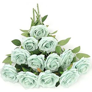 LVEFIT Kunstmatige roos bloem salie groene bloemen salie groene rozen zijden bloemen 12 stuks met lange steel zijden rozen boeket voor bruiloft bruids douche deel woondecoratie