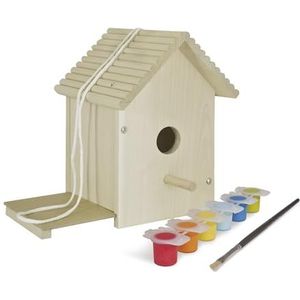 Eichhorn 100004581 - Vogelhuis van hout, voor montage en schilderen, incl. penseel en kleuren, 14x14x24cm lindehout, DIY, bont