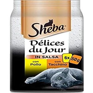 Sheba Délice Du Jour natvoer voor katten met kip en kalkoen in saus, 12 verpakkingen met elk 6 zakjes x 50 g, in totaal 3600 g