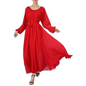 buenos ninos Vrouwen chiffon elegante vintage lange maxi-jurk met riem casual lange mouwen prom baljurk bruiloft feestjurken, Rood, XL