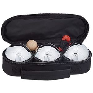 Relaxdays jeu de boules set, 3 metalen ballen, set met but & afstandmeter, draagtas, pétanque, zilver/zwart
