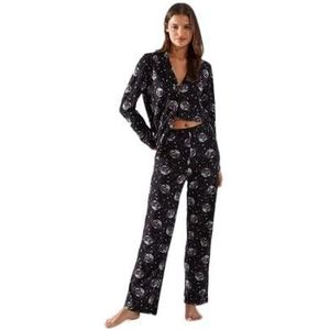 Trendyol Dames Retro Geweven Shirt-Broek Pyjama Set, Zwart, XL