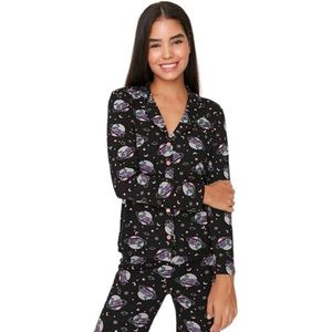 Trendyol Dames Retro Geweven Shirt-Broek Pyjama Set, Zwart, S