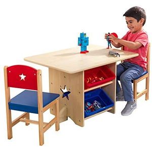 KidKraft 26912 Star, set van houten tafel met 2 stoelen en opbergbakken, meubels voor de kinderslaapkamer of speelkamer, rood en blauw