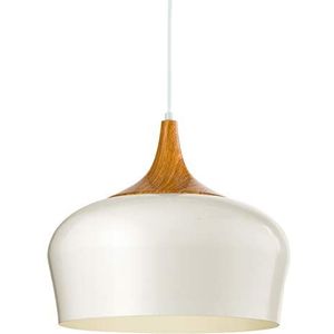EGLO Obregon Hanglamp, 1-lichts, modern, hanglamp van crèmekleurig metaal en eikenhout, eettafellamp, woonkamerlamp met E27-fitting