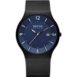 Bering Heren Analoog Slim Solar Horloge met Roestvrij Stalen Armband 14440-227, Zwart/Blauw