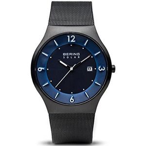 Bering Heren Analoog Slim Solar Horloge met Roestvrij Stalen Armband 14440-227, Zwart/Blauw