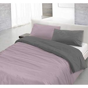 Italian Bed Linen Natuurlijke kleur Dekbedovertrek Set met Doubleface Effen Kleur Tas Sheet en Kussensloop, 100% Katoen, Antiek roze/donkergrijs, dubbele