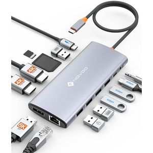 NOVOO C-dockingstation met drievoudig display, 14-in-1 USB C naar Dual HDMI 4K 60Hz converter, 6 poorten USB C/A, PD 100 W, RJ45, SD/TF, audio