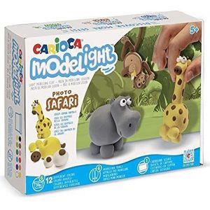 CARIOCA Modelight Maxi Safari | Ultralichte Boetseerklei voor Kinderen, Maxidoos met Zachte en Elastische Luchtdrogende Klei, vanaf 5 Jaar, 12 Kleuren, Benodigdheden en Tutorials Inbegrepen, 180 gr