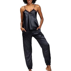 DKaren Damespyjama, 2-delige set, satijnen kant, sensueel, elegant, nachtkleding, zwart, XL