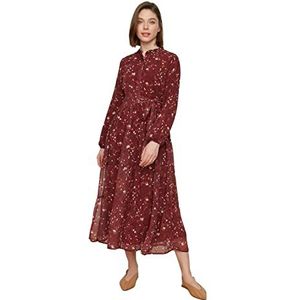 Trendyol Dames bloemenpatroon riem gedetailleerde zoom chiffon weven jurk, Rood, 68