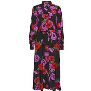 KAFFE Dames T-shirt, Dress Maxi Tie Waist Printed Long Sleeve, Black Red/Purple Big Flower, 42