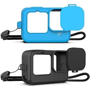 Kuptone Siliconen hoes compatibel met GoPro Hero 10/9 zwart, siliconen rubberen hoes + siliconen lensdop beschermhoes met sleutelkoord compatibel met GoPro 10/9 accessoireset (zwart+blauw)