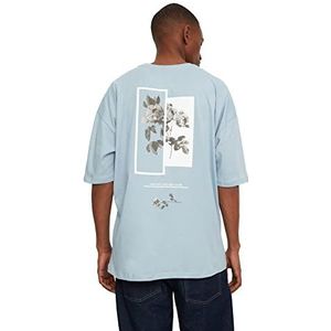 Trendyol Heren Blauwe mannelijke oversized ronde kraag bedrukt korte mouwen T-shirt blauw, medium