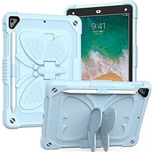 iPad 6e/5e generatie case 2017/2018, 9,7 inch hoesje voor iPad Air 2 met potloodhouder, 2-in-1 zware robuuste schokbestendige standaard beschermend tablethoesje voor meisjes vrouwen-ijsblauw