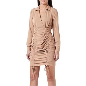 Pretty Darling Vrouwen Zand Wrap V-hals Shirt Ruched Bodycon Jurk Casual Night, Zand, 34-36