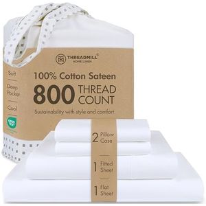 Threadmill Home Linen Kingsize lakens - 800-draaddichtheid satijnweefsel, 100% natuurlijk katoen, 4-delige effen beddengoedset, extra lang katoen, comfortabele witte hotellakens met elastische diepe