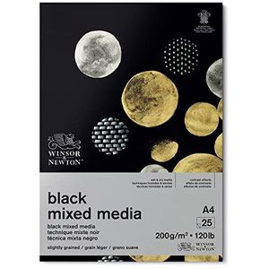 Winsor & Newton 6694008 Mixed Media gekleurd papier in blok, 25 vellen zwart zwaar papier van 200 g/m², 100% zuurvrij, archiveringskwaliteit, geschikt voor natte en droge schildertechnieken - DIN A4