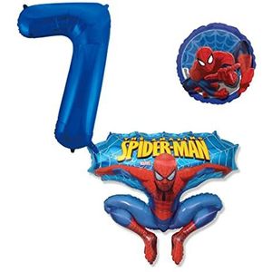 Spiderman Ballonset van 3 Spiderman folieballon, cijfer 7 in blauw, Spiderman rond