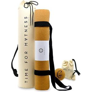 aGreenieÂ® Premium Eco Yoga Mat Zakenset - Kurk en Natuurlijk Rubber - 4 mm - Antislip - Niet-giftige - Sport Fitness Gym Mat - Inclusief draagriem Plus Massagebal en E-Boekje